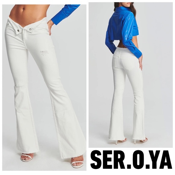 New! SER.O.YA OLIVIA Distressed Frayed Mid Rise Flare Jeans - Picture 1 of 13
